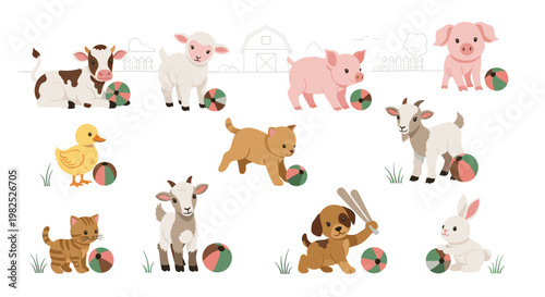 Playful farm animals joyfully interacting with colorful balls, depicting a cheerful and vibrant scene, perfect for children's books, educational materials, and playful design
