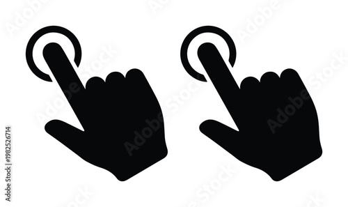 Touch screen gesture icons, black hand cursor silhouettes with clicking circles, interactive finger tap vector elements for mobile UI design