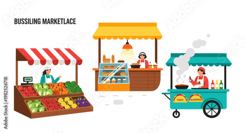 Vibrant marketplace scene featuring food stalls with fresh produce, baked goods, and prepared meals, rendered in a flat, colorful style with clean lines, conveying a bustling