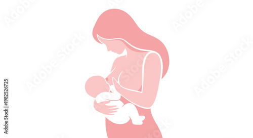 Gentle mother breastfeeding newborn baby in pastel illustration.