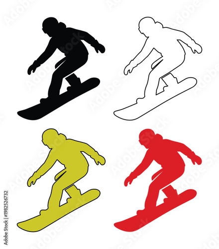 Snowboarder silhouette vector set, winter sports athlete icons in black red and yellow, extreme snowboarding action figures for mountain resort branding