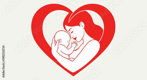 Tender mother embracing newborn within heart illustration.