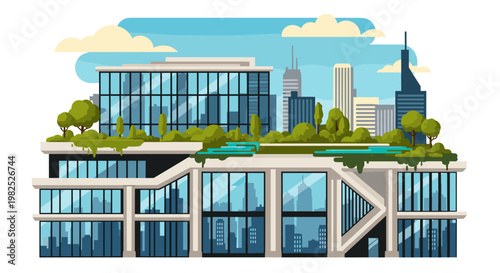 Modern city skyline architecture featuring contemporary buildings with green rooftop gardens, reflecting the blue sky and clouds in the glass windows, a vibrant and eco-friendly