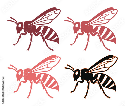 Stylized wasp vector set, four colorful hornet silhouettes in red and black, minimalist insect icons for pest control and nature branding