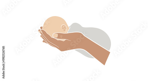 Gentle hand cradling newborn head minimal illustration.