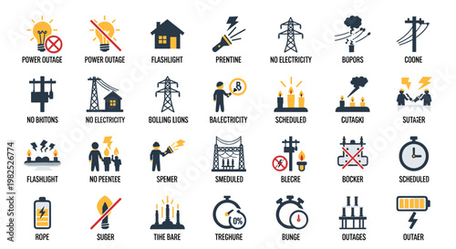 Set of vector illustrations depicting power outages, electricity failures, and energy-related concepts, featuring icons of light bulbs, flashlights, electrical towers, and related