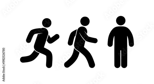 Black Silhouette Icons Representing Running, Walking, and Standing People Icons