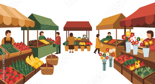 Vibrant farmers market scene, showcasing fresh produce and colorful flowers under charming awnings, with shoppers browsing and vendors assisting, presented in a flat vector