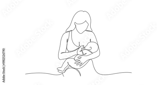 Continuous single line drawing of a mother breastfeeding her newborn baby.