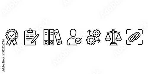 Black and white line of business and control symbols line black and white checklist certificate in white background