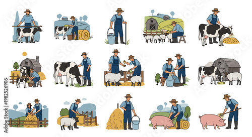 Farm life scene featuring farmers tending livestock with various tools, showcasing agricultural activities in a colorful, flat vector style, perfect for commercial use and