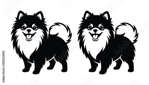 Pomeranian dog vector silhouettes, black and white fluffy spitz puppy illustrations, set of 2 cute pet mascot icons for logo design and branding