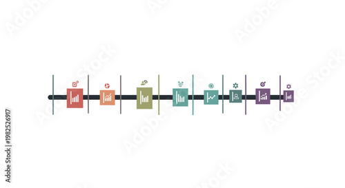 Timeline infographic displaying data charts with pastel hues, featuring a horizontal bar connecting colorful square icons, illustrating business progress, stages, and statistical