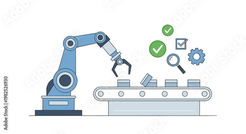 Automated factory production line depicted with robotic arm, conveyor belt, and quality control elements in a modern, flat illustration style, featuring a cool blue and green