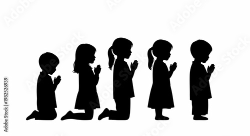 Children Praying Silhouettes Diverse Group Showing Faith and Hope Together