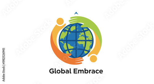 Vibrant illustration showcasing interconnectedness, global unity, and cooperation. earth encompassed by embracing hands in orange, green, and yellow, symbolizing worldwide