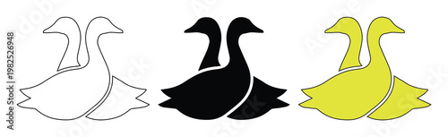 Minimalist duck logo set, elegant twin swan silhouette icons, black and yellow waterfowl bird vector graphics for branding and identity