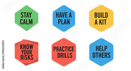 Six colorful hexagonal signs convey essential preparedness steps: stay calm, have a plan, build a kit, know your risks, practice drills, and help others, ideal for educational