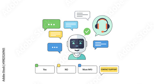 Friendly robot avatar with speech bubbles, headset, and checkmark, offering customer service and support, rendered in clean, scalable vector style with a modern color palette,