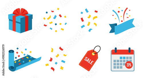 Festive collection of vibrant celebration elements, featuring a blue gift box with a red bow, colorful confetti, a ribbon banner, a party popper, a sale tag, and a calendar,