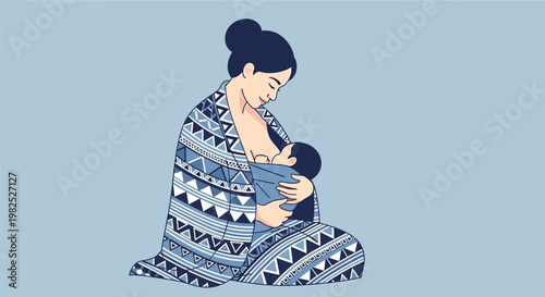 Gentle mother breastfeeding infant wrapped in geometric shawl.