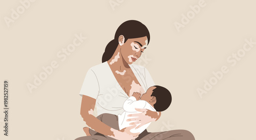 Mother breastfeeding infant in gentle seated pose.