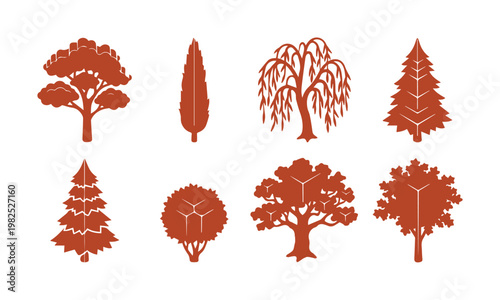 Terracotta tree silhouettes set, 8 minimalist botanical icons, rustic orange forest plant collection, flat vector nature elements for landscape design