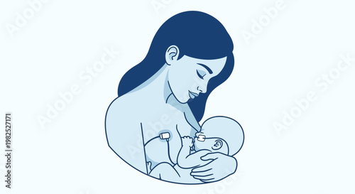 Illustrated mother breastfeeding newborn baby in profile.