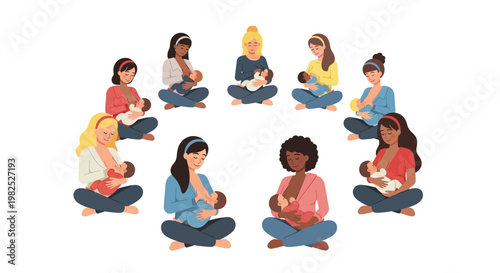 Group of mothers breastfeeding infants in circle.