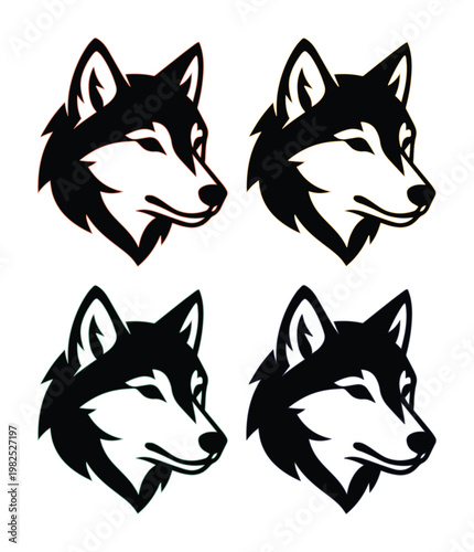 Minimalist wolf head vector set, black and white husky mascot icons, 4 wolf profile illustrations for sports team branding and logo design