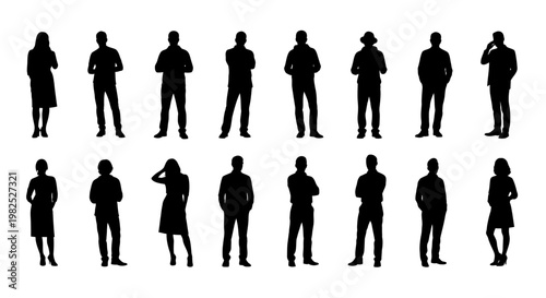 Diverse Collection of Black Silhouettes of People in Various Poses and Attire