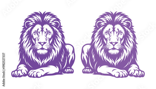 Majestic purple lion mascot vector, regal lying lion king illustration, powerful feline predator silhouettes for sports team logos and branding