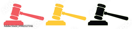 Judge gavel vector icons in red yellow and black, legal auction hammer set, courtroom justice symbols for law and order concepts