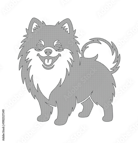 Pomeranian dog vector illustration, cute fluffy spitz pet silhouette, grey and white puppy character for animal grooming and veterinary branding