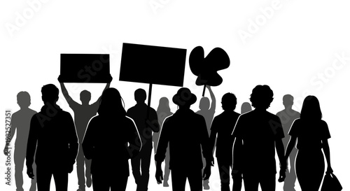Diverse Crowd Silhouettes Holding Signs and Banners for Protest and Social Issues