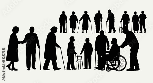 Diverse Elderly People Silhouettes with Walkers, Canes, and Wheelchair on White