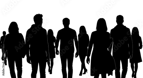 Diverse Crowd Silhouettes Walking Together on White Background Representing People and Community