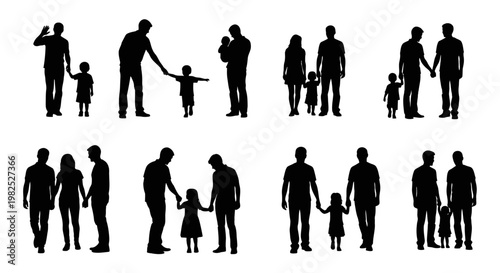 Diverse Family Silhouettes: Parents Holding Hands with Children, Waving Hello, and Caring for Babies