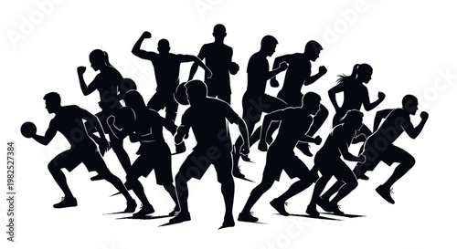 Diverse Group of Athletes Running in Silhouette, Emphasizing Speed and Competition