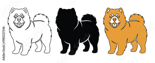 Chow Chow dog vector set, fluffy purebred dog illustrations in outline, silhouette, and ginger color styles, 3 canine icons for pet branding