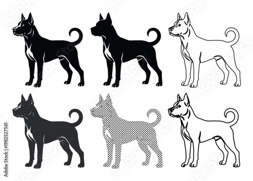 Minimalist dog silhouette vector set, black and white canine profile icons, standing guard dog illustrations for pet branding and logo design