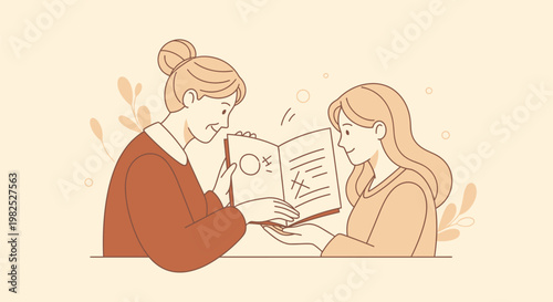 Teacher guiding student with open book.