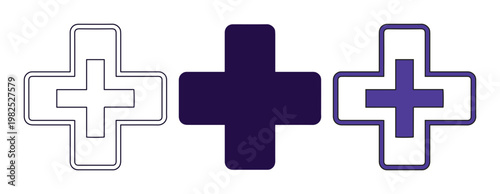 Medical cross icon set in dark purple, minimalist healthcare symbols for first aid and pharmacy, 3 vector elements for hospital UI design