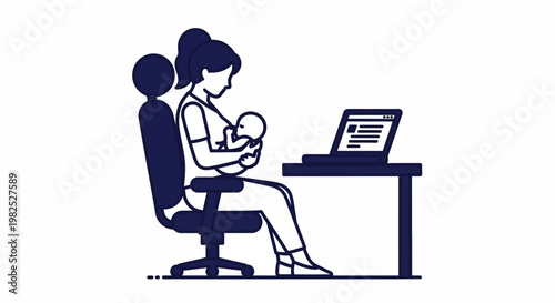 Mother holding baby while working on laptop at desk.