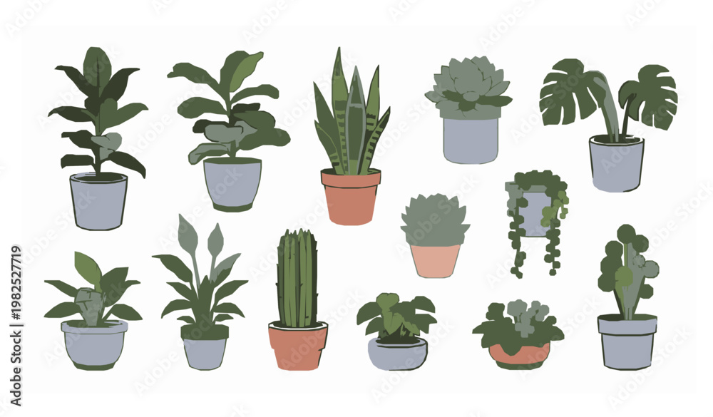 Fototapeta premium Indoor potted plant collection home decor vector illustration