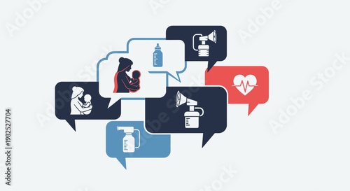 Set of icons representing breastfeeding motherhood and infant health communication.