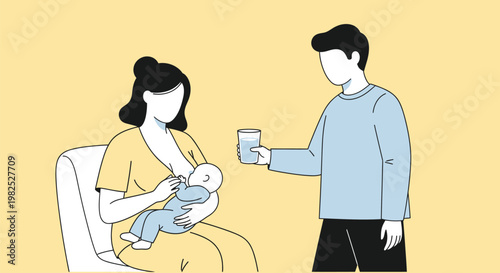 Caring husband brings glass of water to breastfeeding wife.
