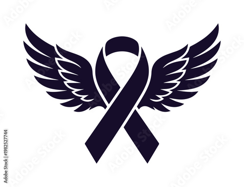 Purple awareness ribbon with angel wings vector, memorial mourning symbol for cancer survivors, pancreatic cancer and domestic violence support icon