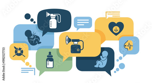 Breastfeeding and infant care concept with speech bubbles.
