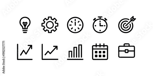 Business with lightbulb gear clock stopwatch target graph chart calendar briefcase in white background